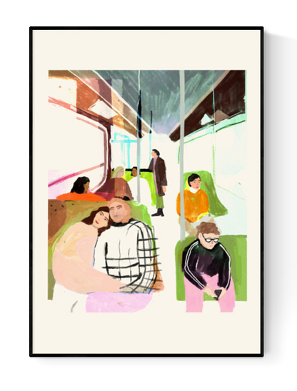 30 x 40 cm digital print titled Traffic by German illustration duo Wünsch & Stömer. Depicts passengers in a softly lit train interior, painted with expressive strokes and muted tones. Printed on 250g paper in Germany. Perfect for art lovers drawn to quiet, emotional storytelling.