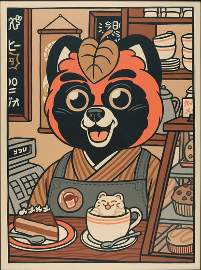 Playful illustration titled ‘Chez Jean-Paul’ by Yeaaah! Studio featuring an anthropomorphic red panda barista in a cozy Japanese-style café, serving a slice of cake and latte art with a smiling bear face. Rich in warm vintage tones and charming details, this whimsical artwork adds a fun, kawaii-inspired touch to any kitchen, coffee nook, or modern eclectic space—available at Galerie Frits