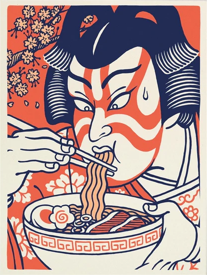 Illustrated art print of a Kabuki actor eating ramen in ukiyo-e style by Yeaaah! Studio – Japanese food illustration in bold colors, 30 x 40 cm art print made in France