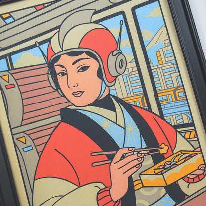 Retro-futurist illustration of a Japanese woman eating lunch on a train, created by Yeaaah! Studio, with Mount Fuji and cityscape in the background – bold graphic print in red, blue, and beige tones.