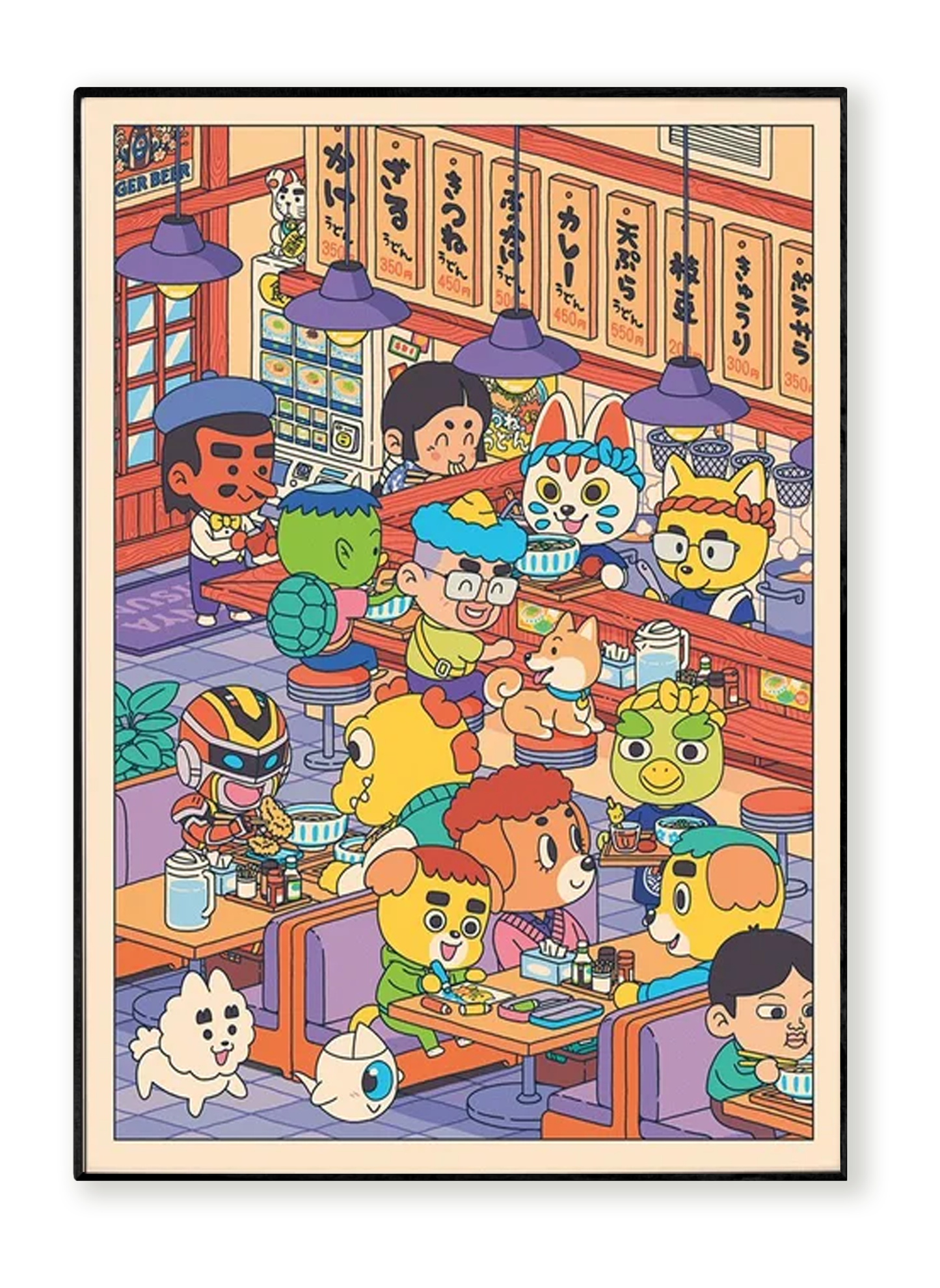 Udon-Ya 50x70 cm art print by Yeaaah! Studio, colorful Japanese udon restaurant scene with cute animals and characters eating noodles, detailed kawaii illustration printed on Old Mill Premium White 300g paper, digital print, unframed, made in France.