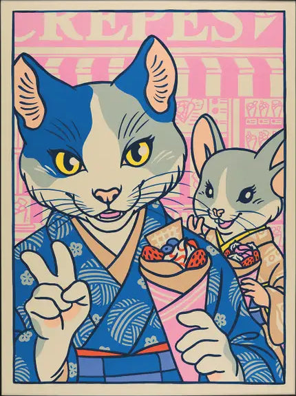 Playful pop-style illustration by Yeaaah! Studio featuring a stylish anthropomorphic cat and mouse in traditional Japanese kimonos, enjoying crepes and posing for a selfie in a colorful Harajuku street scene. A vibrant fusion of kawaii culture and retro comic art—perfect for fans of Japan-inspired, quirky wall decor