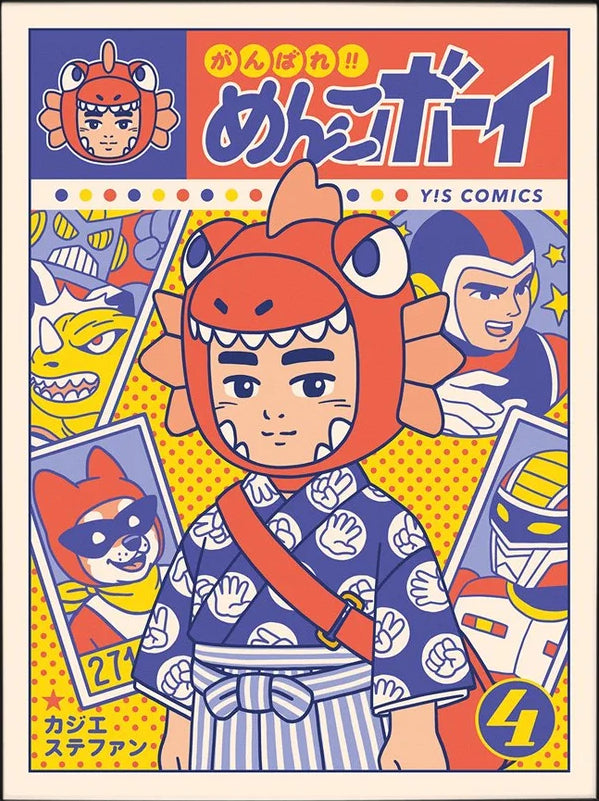 Ganbare! Menko Boy art print by Yeaaah! Studio, inspired by Shōwa-era Japanese manga and tokusatsu, available in A4 and 30x40 cm sizes, printed in France on 300g Old Mill Premium White paper, featuring a retro comic-style boy in a dinosaur costume surrounded by colorful hero characters.