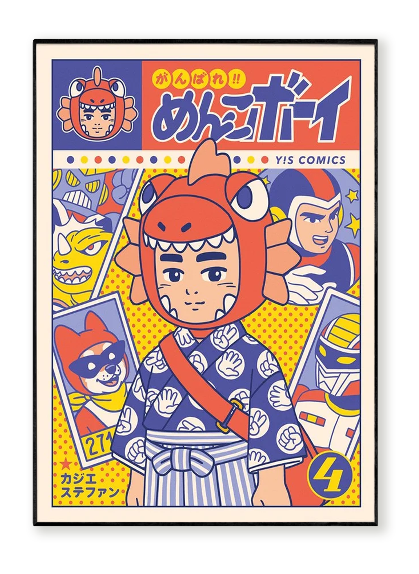 Ganbare! Menko Boy art print by Yeaaah! Studio, inspired by Shōwa-era Japanese manga and tokusatsu, available in A4 and 30x40 cm sizes, printed in France on 300g Old Mill Premium White paper, featuring a retro comic-style boy in a dinosaur costume surrounded by colorful hero characters.