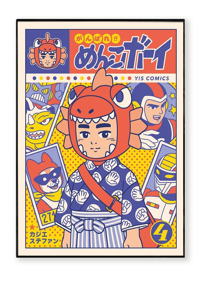 Ganbare! Menko Boy art print by Yeaaah! Studio, inspired by Shōwa-era Japanese manga and tokusatsu, available in A4 and 30x40 cm sizes, printed in France on 300g Old Mill Premium White paper, featuring a retro comic-style boy in a dinosaur costume surrounded by colorful hero characters.