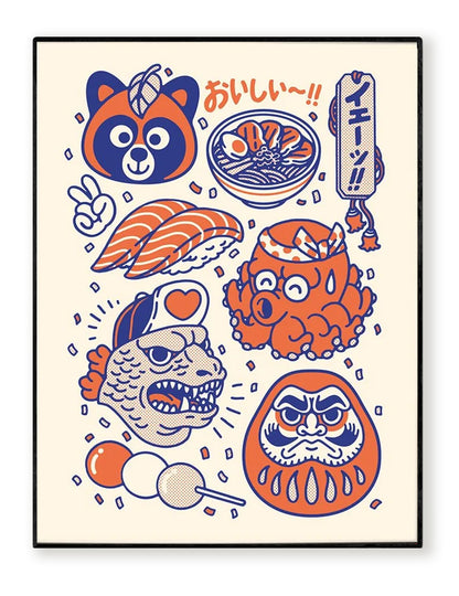 Nihon art print by Yeaaah! Studio featuring colorful Japanese pop culture icons including sushi, ramen, Daruma doll, octopus mascot, Godzilla-style fish, and red panda, in orange, blue, and cream tones. Printed on 300g Old Mill Premium White paper, 30x40 cm, digital print, made in France, unframed.