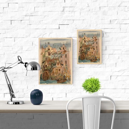 Fantasy-style illustration of Bruges by Lena Yampolski with magical creatures, dragons, octopus tentacles and charming Belgian houses – high-quality Giclée print available in A4 and A3, perfect wall decor for folklore and fantasy art lovers.
