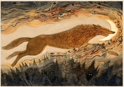 Fantasy art print by Lena Yampolski showing Fenrir the Wolf stealing the moon, surrounded by swirling mythological shapes and a dark forest — atmospheric giclée print for lovers of folklore and fantasy art.