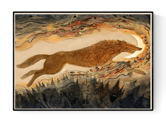 Fantasy art print by Lena Yampolski showing Fenrir the Wolf stealing the moon, surrounded by swirling mythological shapes and a dark forest — atmospheric giclée print for lovers of folklore and fantasy art.