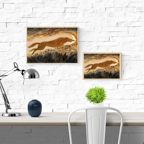 Fantasy art print by Lena Yampolski showing Fenrir the Wolf stealing the moon, surrounded by swirling mythological shapes and a dark forest — atmospheric giclée print for lovers of folklore and fantasy art.