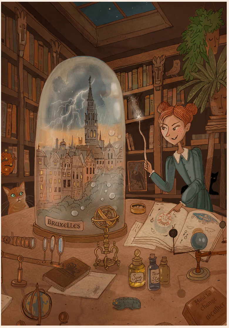 School of Magic by Lena Yampolski featuring a young witch in a magical library filled with books, potions, celestial objects and a Brussels cityscape under a glass dome. Warm fantasy illustration in earthy tones, vertical giclée wall art for cozy home decor.