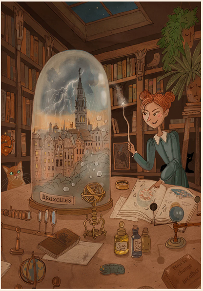 School of Magic by Lena Yampolski featuring a young witch in a magical library filled with books, potions, celestial objects and a Brussels cityscape under a glass dome. Warm fantasy illustration in earthy tones, vertical giclée wall art for cozy home decor.