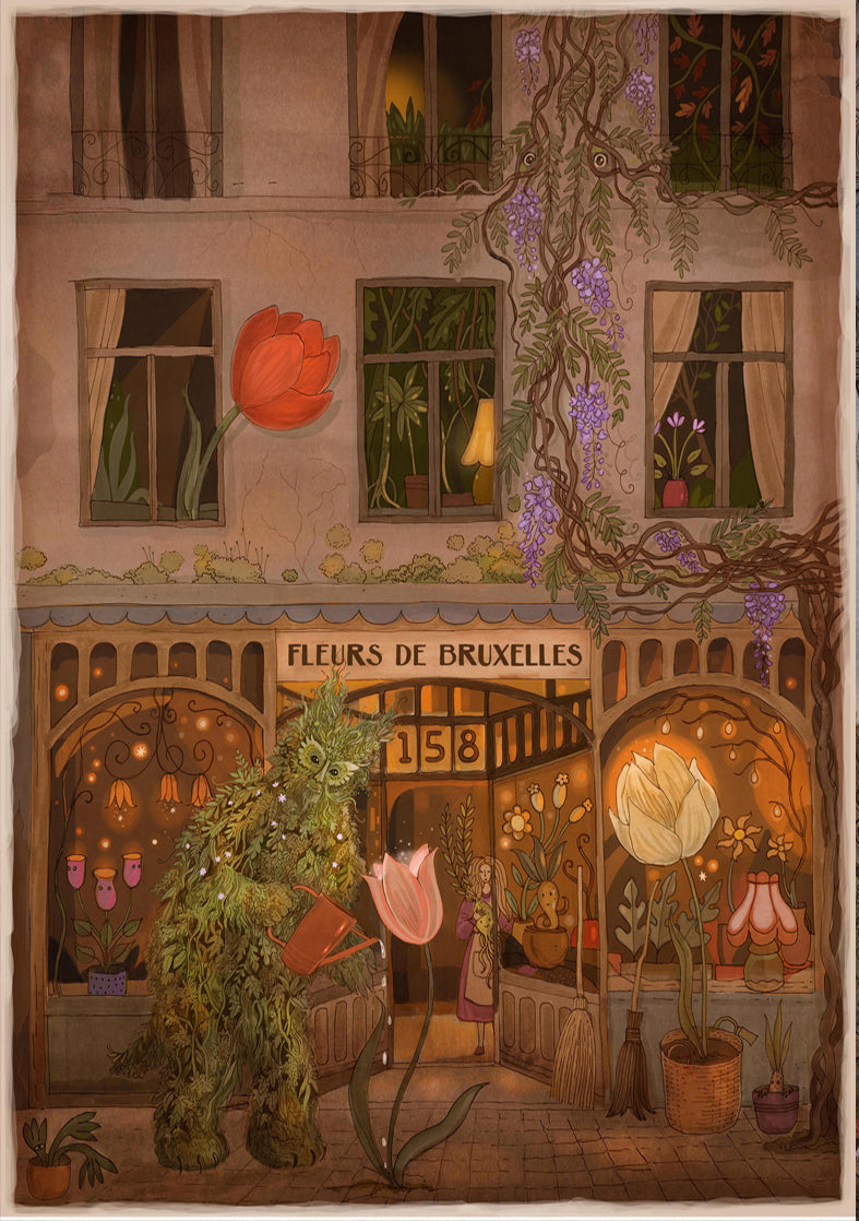 Enchanting art print of a Brussels street with a green man watering giant tulips, illustrated by Lena Yampolski — fantasy giclée print inspired by folklore, flowers, and magical city life.