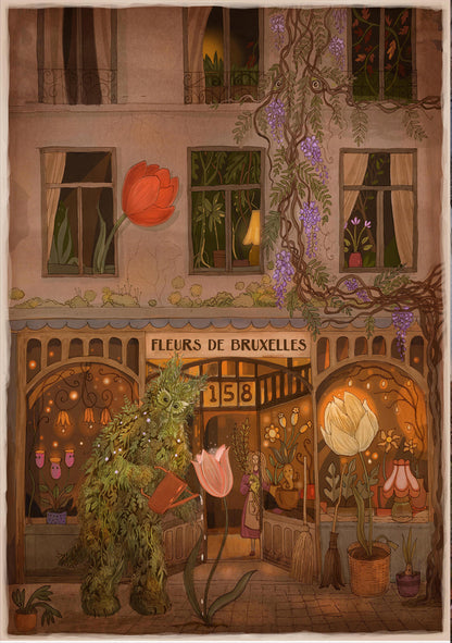 Enchanting art print of a Brussels street with a green man watering giant tulips, illustrated by Lena Yampolski — fantasy giclée print inspired by folklore, flowers, and magical city life.