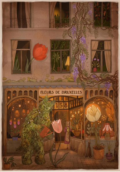 Whimsical Green Man in Brussels illustration by Lena Yampolski featuring a flower shop, oversized tulips, glowing windows, and climbing wisteria in warm earthy tones, vertical giclée art print ideal for living room, hallway, or reading nook decor.