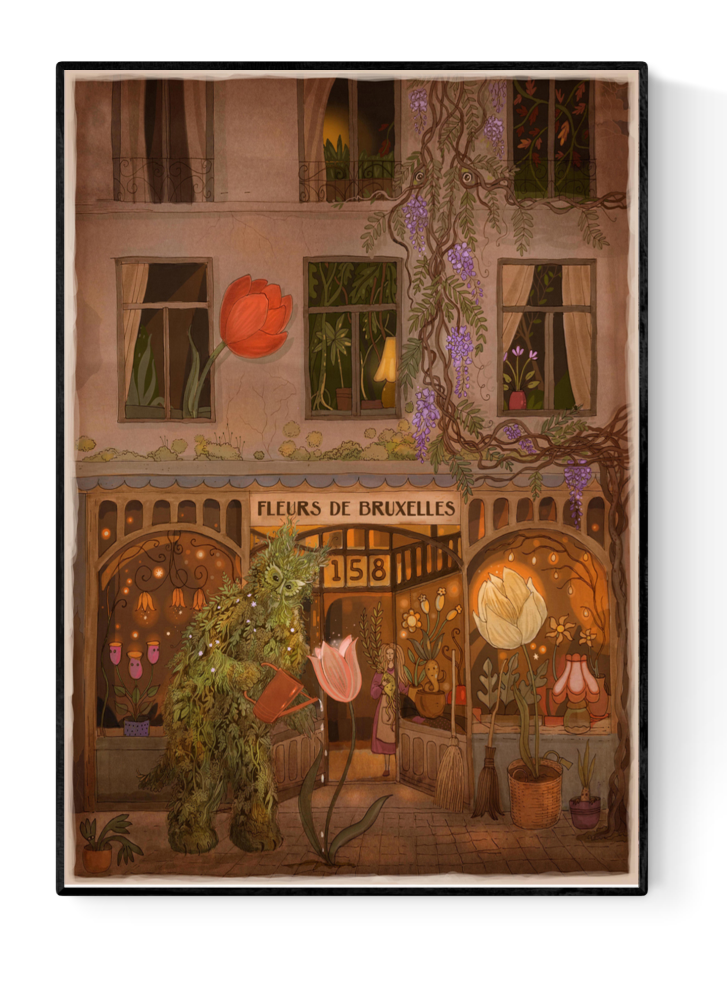 Enchanting art print of a Brussels street with a green man watering giant tulips, illustrated by Lena Yampolski — fantasy giclée print inspired by folklore, flowers, and magical city life.