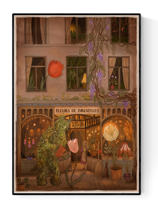 Enchanting art print of a Brussels street with a green man watering giant tulips, illustrated by Lena Yampolski — fantasy giclée print inspired by folklore, flowers, and magical city life.