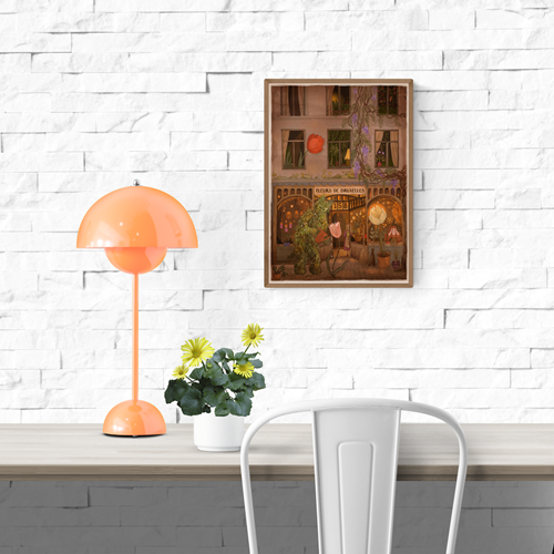 Enchanting art print of a Brussels street with a green man watering giant tulips, illustrated by Lena Yampolski — fantasy giclée print inspired by folklore, flowers, and magical city life.