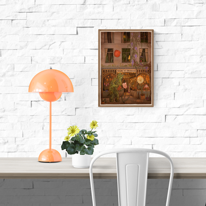 Enchanting art print of a Brussels street with a green man watering giant tulips, illustrated by Lena Yampolski — fantasy giclée print inspired by folklore, flowers, and magical city life.