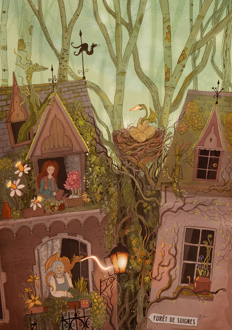 Whimsical fantasy art print of a Brussels house with hidden dragons, enchanted trees, and magical details — House of Dragons illustration by Lena Yampolski, perfect for fantasy lovers and folklore art collectors.