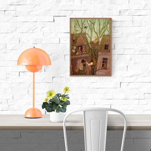 Whimsical fantasy art print of a Brussels house with hidden dragons, enchanted trees, and magical details — House of Dragons illustration by Lena Yampolski, perfect for fantasy lovers and folklore art collectors.