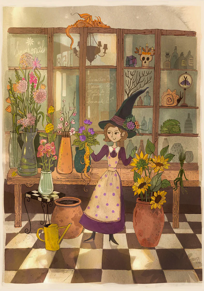 Mandrake by Lena Yampolski, whimsical witchcore illustration featuring a magical botanical apothecary filled with plants, mandrakes, potions, flowers, and fantasy creatures in warm earthy tones. Vertical A4 Giclée wall art for cozy home decor.