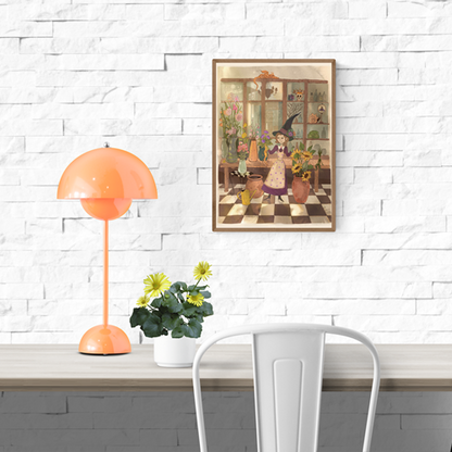 Illustration by Lena Yampolski showing a witch arranging magical flowers in a cozy botanical shop, surrounded by sunflowers, mandrakes, potions and fantasy creatures, in warm earthy tones.