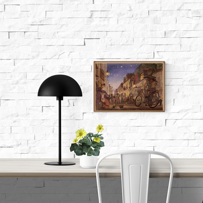 Whimsical illustration of a magical Brussels street by night with lanterns, costumed characters, and animals by Lena Yampolski – A4 fantasy folklore giclée print.