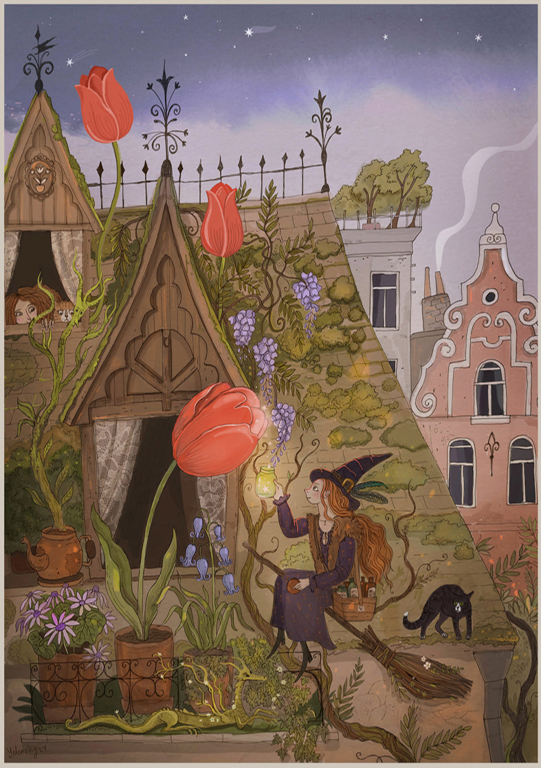 A4 Giclée print titled Tulips of Marolles by Lena Yampolski, showing a witch tending a rooftop garden with oversized tulips and wisteria in Brussels' Marolles neighborhood. Richly detailed illustration printed on 180g matte fine art paper in Belgium. Whimsical folk art with fantasy elements.
