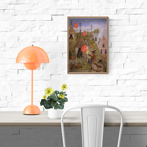 A4 Giclée print titled Tulips of Marolles by Lena Yampolski, showing a witch tending a rooftop garden with oversized tulips and wisteria in Brussels' Marolles neighborhood. Richly detailed illustration printed on 180g matte fine art paper in Belgium. Whimsical folk art with fantasy elements.