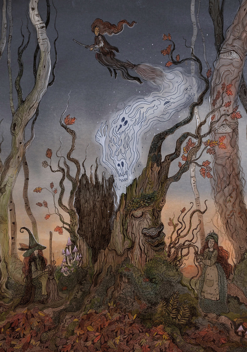 A4 Giclée print titled "Witches Tree" by Lena Yampolski, featuring witches, a flying broom, an enchanted talking tree, and autumn forest details in a Slavic fairytale-inspired illustration.