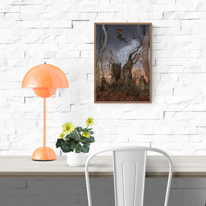 A4 Giclée print titled "Witches Tree" by Lena Yampolski, featuring witches, a flying broom, an enchanted talking tree, and autumn forest details in a Slavic fairytale-inspired illustration.