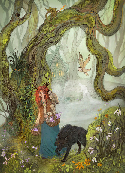 A4 Giclée print titled "Witch and Wolf" by Lena Yampolski, featuring a red-haired witch holding flowers, accompanied by a black wolf, set in a magical forest with fantasy trees, owl, and a hidden house in the mist.