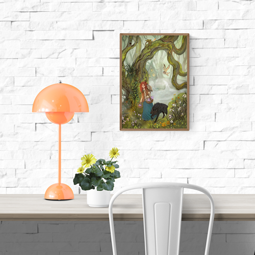 A4 Giclée print titled "Witch and Wolf" by Lena Yampolski, featuring a red-haired witch holding flowers, accompanied by a black wolf, set in a magical forest with fantasy trees, owl, and a hidden house in the mist.