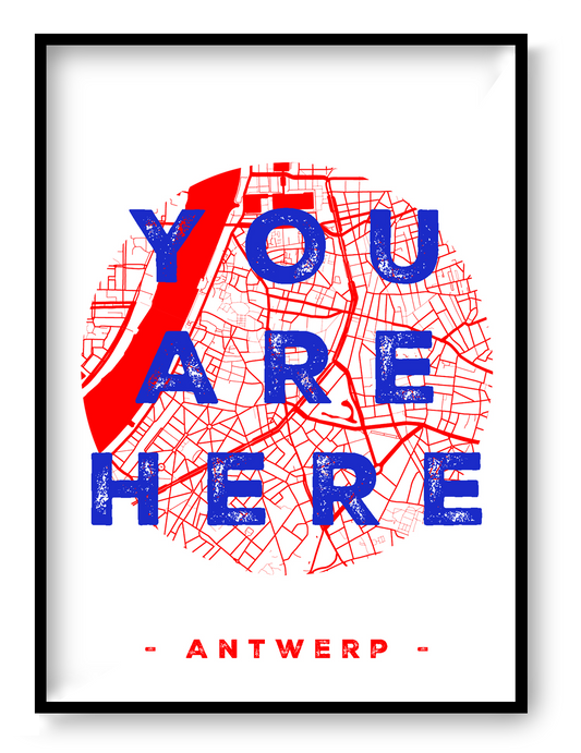 A6 hand-printed screen print titled “You Are Here” by De Zeverij, featuring a red and blue graphic map of Antwerp with bold typography, contemporary Belgian illustration art.