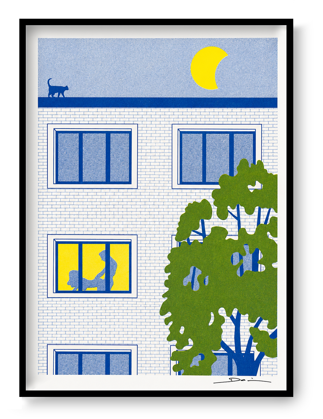 A3 risograph print of a modern apartment building at night with a bright yellow moon, rooftop cat, glowing window and playful silhouette scene, printed in bold blue, green and yellow tones. Contemporary humorous wall art for modern interiors.