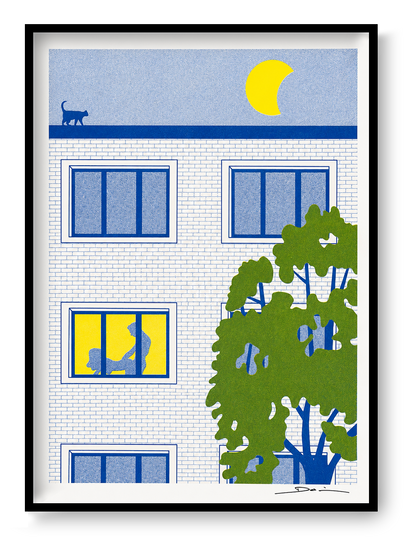 A3 risograph print of a modern apartment building at night with a bright yellow moon, rooftop cat, glowing window and playful silhouette scene, printed in bold blue, green and yellow tones. Contemporary humorous wall art for modern interiors.