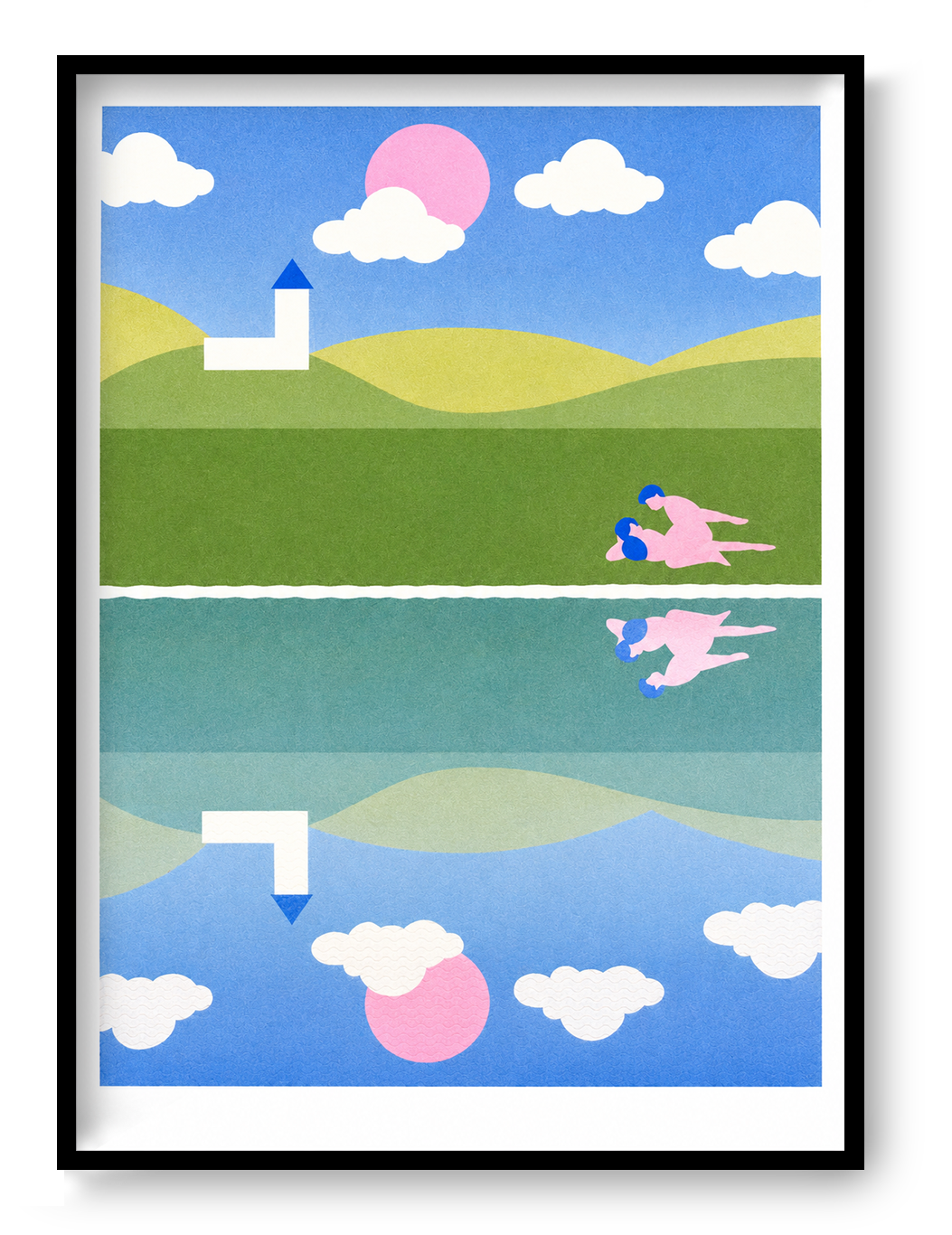 Risograph art print titled A peaceful town by Studio Stoutpoep, featuring a surreal countryside scene with rolling hills, a white church, and two nude figures in an intimate moment near a reflective lake. A2 size print in soft pastel colors, printed in Belgium with soy-based inks.