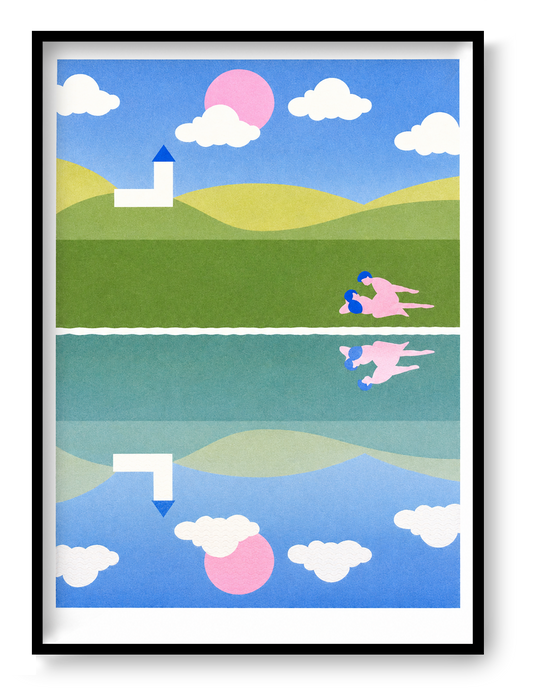 Risograph art print titled A peaceful town by Studio Stoutpoep, featuring a surreal countryside scene with rolling hills, a white church, and two nude figures in an intimate moment near a reflective lake. A2 size print in soft pastel colors, printed in Belgium with soy-based inks.