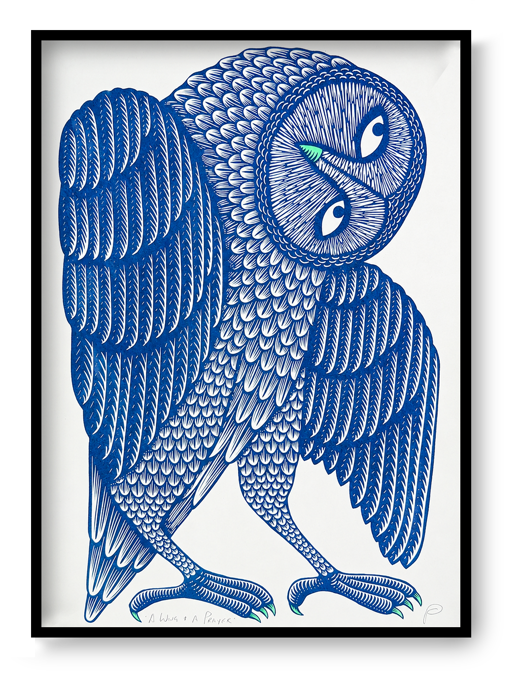 A Wing and a Prayer by Strangford, vertical A3 risograph art print of a stylised owl in dark blue and mint green with detailed graphic feathers, ideal for playful modern wall decor.