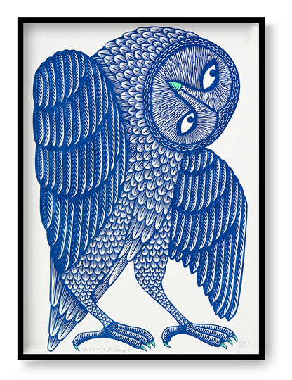 A Wing and a Prayer by Strangford, vertical A3 risograph art print of a stylised owl in dark blue and mint green with detailed graphic feathers, ideal for playful modern wall decor.