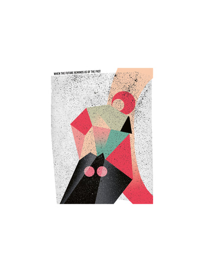 Abstract art print titled “When the Future Reminds Us of the Past” by Gert Paenen, featuring geometric shapes in pink, coral, green, and black with retro textures, hand-signed limited edition, 30x40 cm.