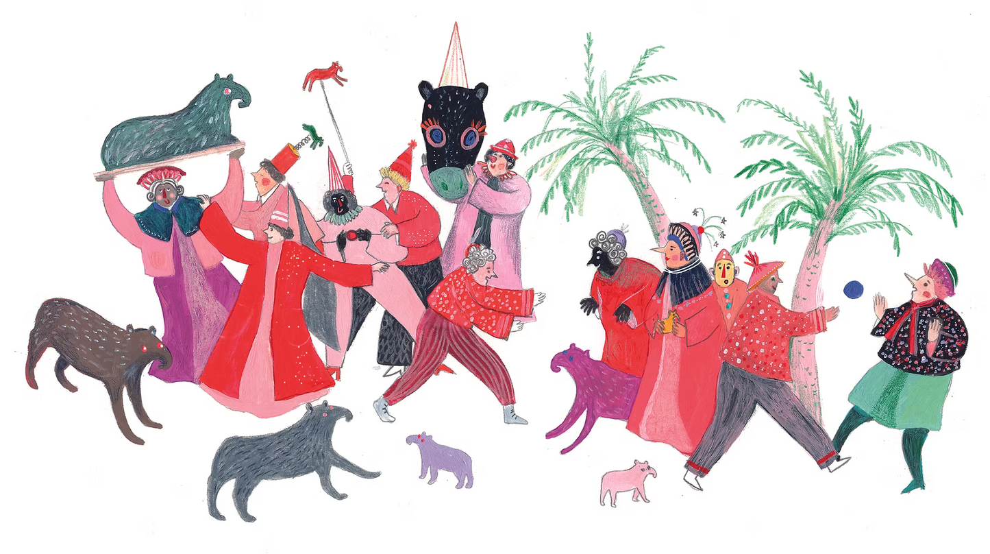 Digital art print "Roze aanbidding der snoetbeesten" by Belgian illustrator Louise de Meester, featuring a lively group of colorful, whimsical animals in pink, red, and green tones. Perfect for playful home decor and contemporary illustration collectors.