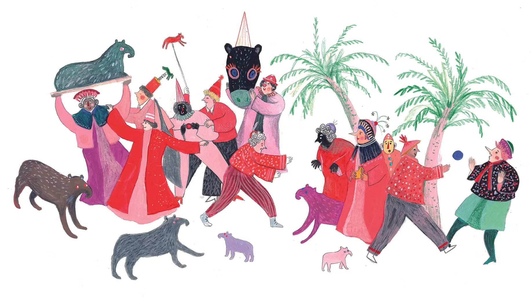 Digital art print "Roze aanbidding der snoetbeesten" by Belgian illustrator Louise de Meester, featuring a lively group of colorful, whimsical animals in pink, red, and green tones. Perfect for playful home decor and contemporary illustration collectors.
