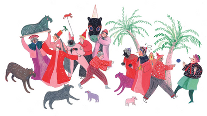 Digital art print "Roze aanbidding der snoetbeesten" by Belgian illustrator Louise de Meester, featuring a lively group of colorful, whimsical animals in pink, red, and green tones. Perfect for playful home decor and contemporary illustration collectors.