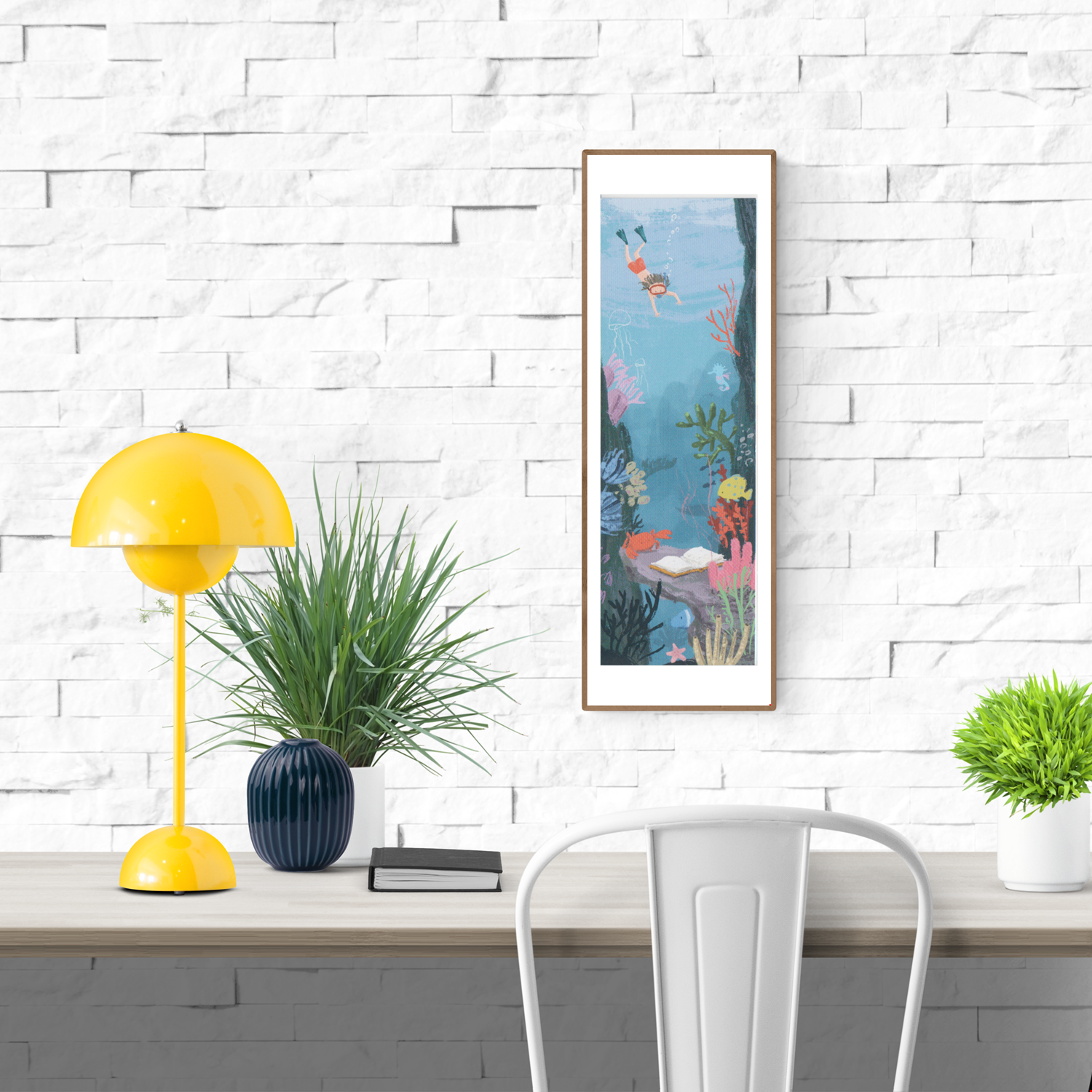 Adventure giclée art print by Willy Leung in vertical format showing an underwater exploration scene with a diver, sea life, and an open book, printed on fine art paper.