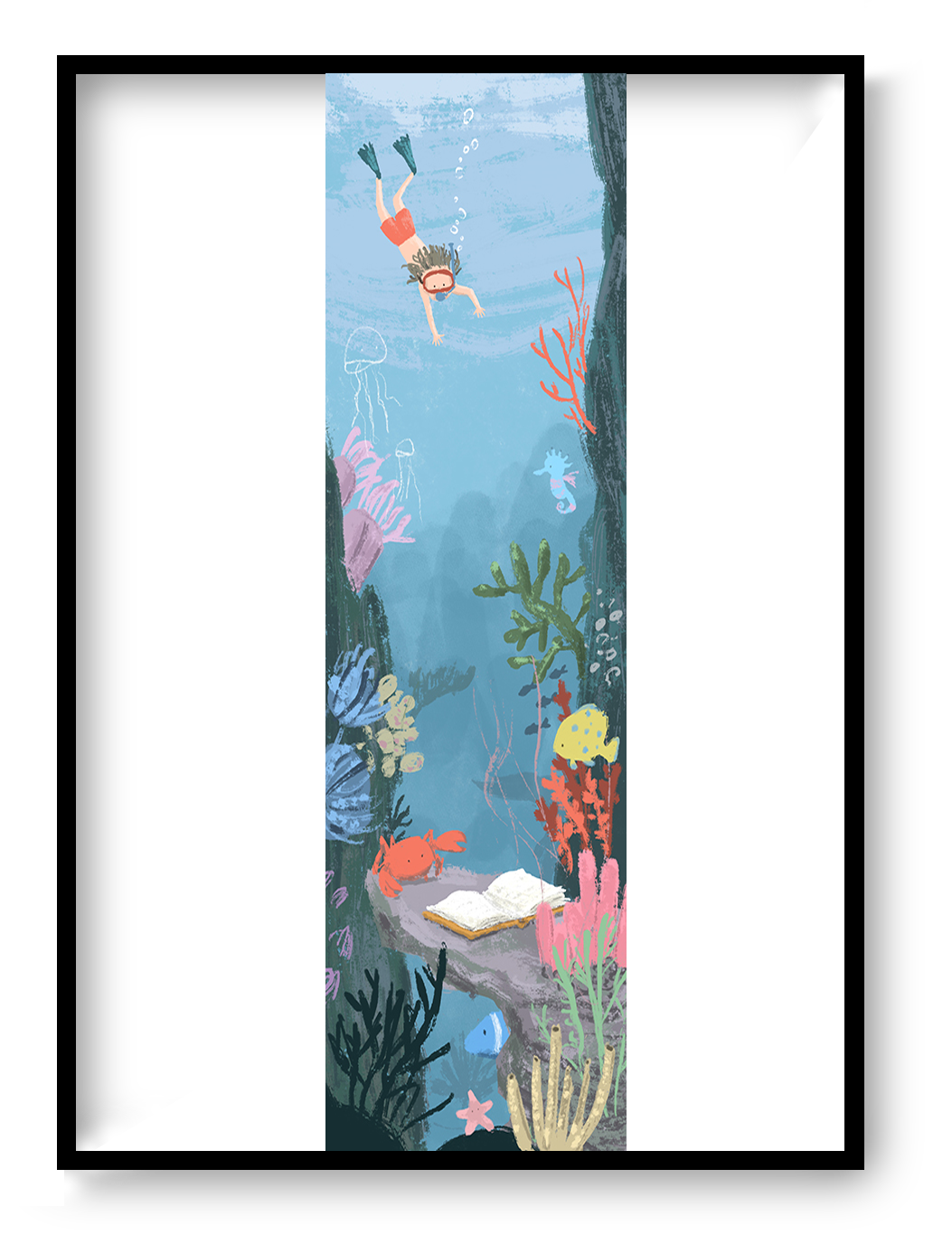 Adventure giclée art print by Willy Leung in vertical format showing an underwater exploration scene with a diver, sea life, and an open book, printed on fine art paper.