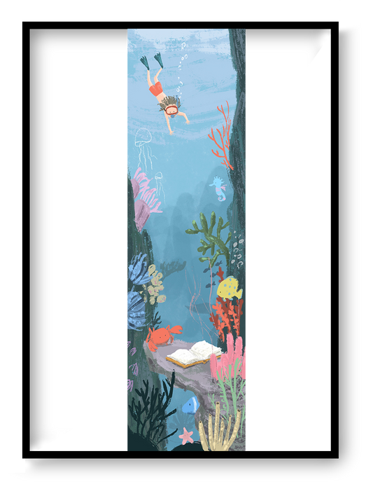 Adventure giclée art print by Willy Leung in vertical format showing an underwater exploration scene with a diver, sea life, and an open book, printed on fine art paper.