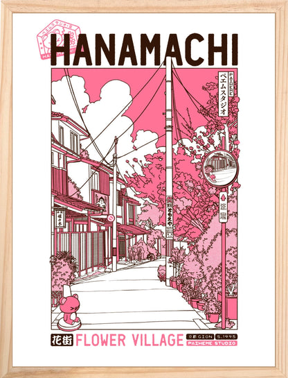Hanamachi Flower Village poster by Paiheme Studio showing peaceful traditional Kyoto street with cherry blossoms and pink sky Japanese neighborhood illustration