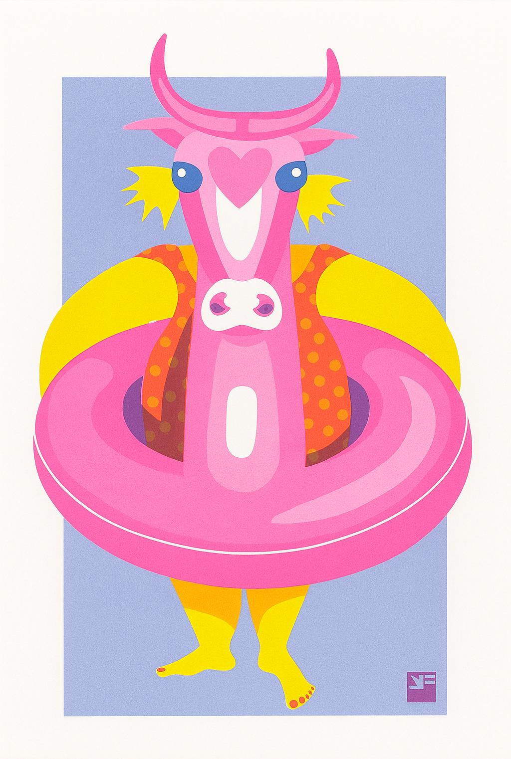 Playful risograph illustration of a child with a large pink inflatable cow float at the beach, in vibrant summer colors – Kid with Floating Cow by VrijFormaat – A4 art print.